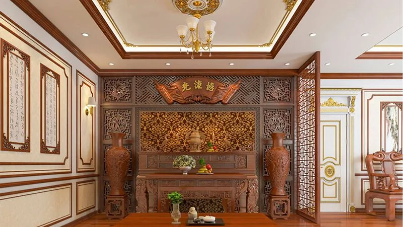 Đèn chùm phòng thờ thể hiện sự thành kính của gia chủ