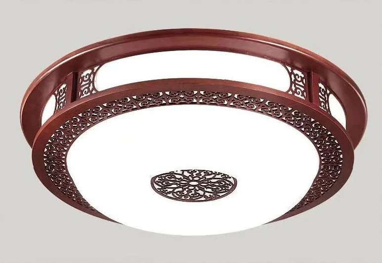 Đèn ốp trần cổ điển viền gỗ mặt nhựa tròn