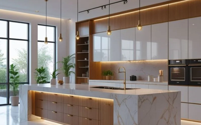 Đèn thả kết hợp với đèn ốp trần phòng bếp