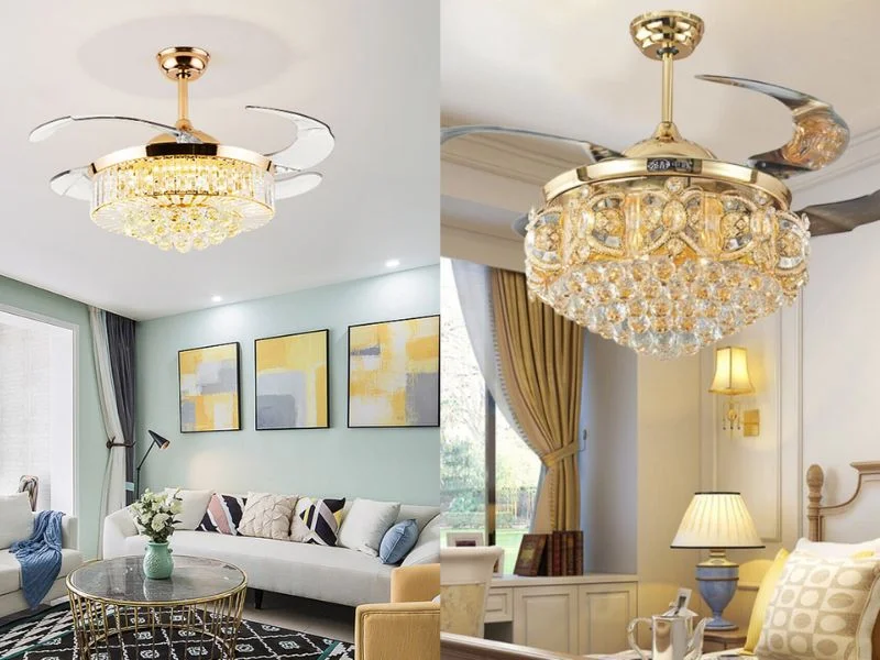 Đèn quạt trần cánh cụp pha lê