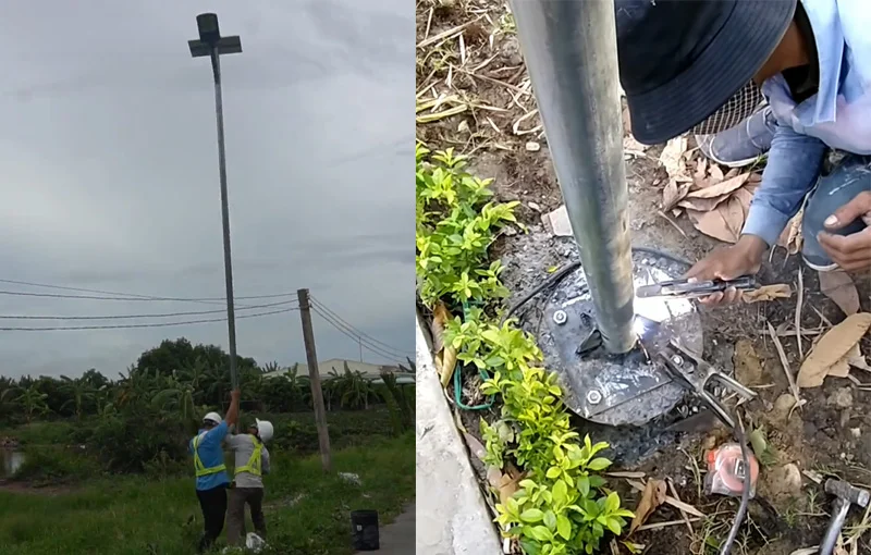 Dựng cột và cố định cột đèn bằng bê tông, ốc vít