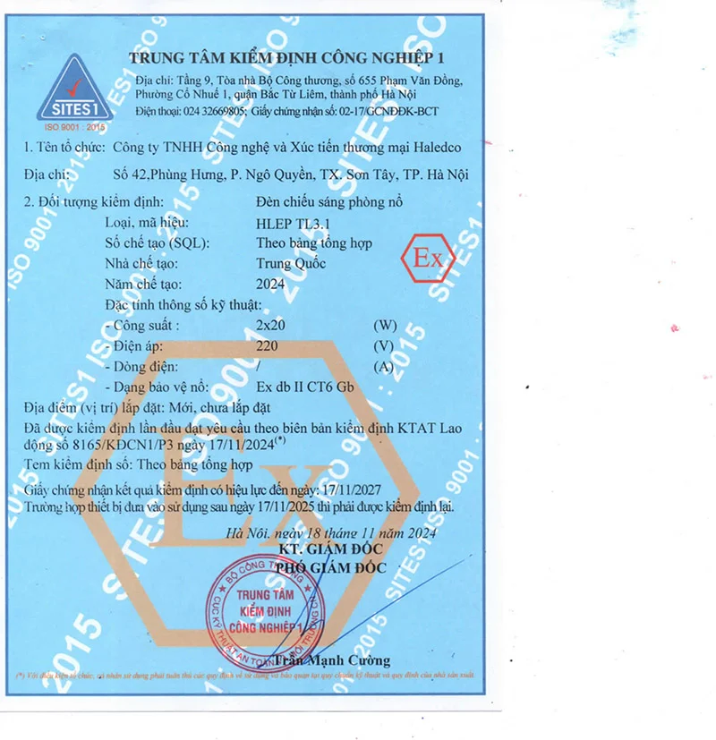 Giấy chứng nhận kiểm định chất lượng đèn HLEP TL3.1