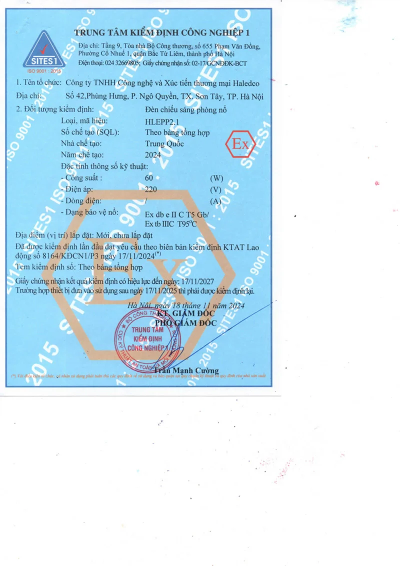 Kết quả kiểm định đèn chống nổ HLEPP2.1