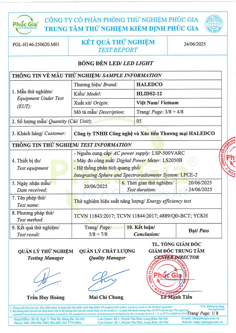 Kết quả thử nghiệm đèn bulb hlids2-12