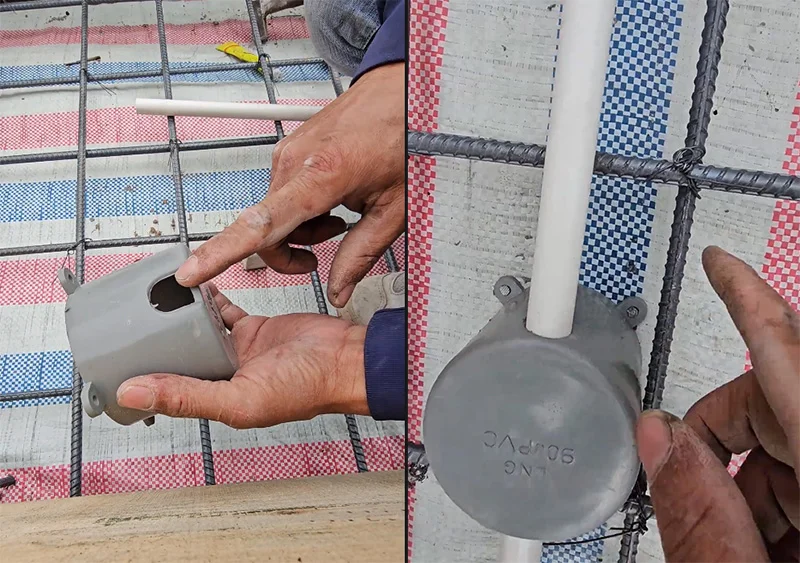 Khoan lỗ phi 25 thông qua ống bơ phi 90 để lắp đặt đường điện