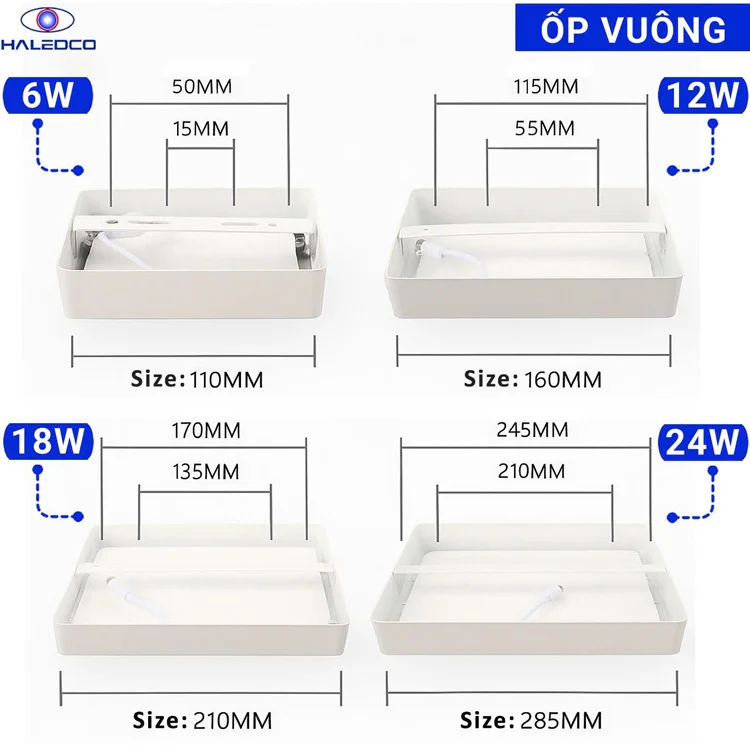 Kích thước mẫu đèn ốp trần vuông