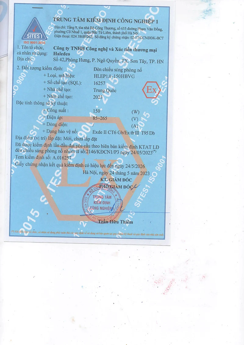 Giấy chứng nhận kiểm định đèn HLEP1.0-150HBVG