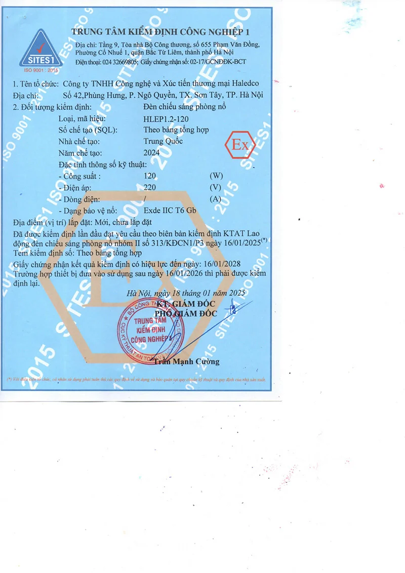 Kiểm nghiệm chất lượng đèn chống nổ HLEP1.2-120