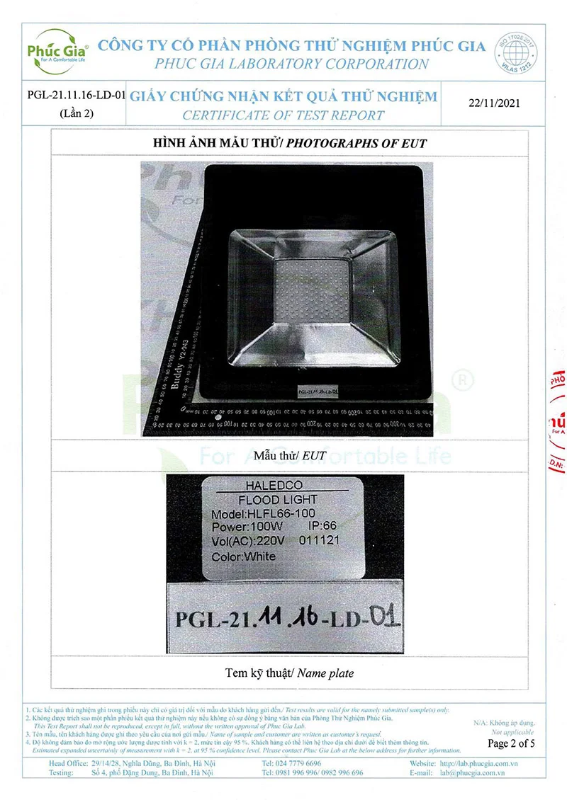 Mẫu hình ảnh kiểm nghiệm sản phẩm HLFL66-100