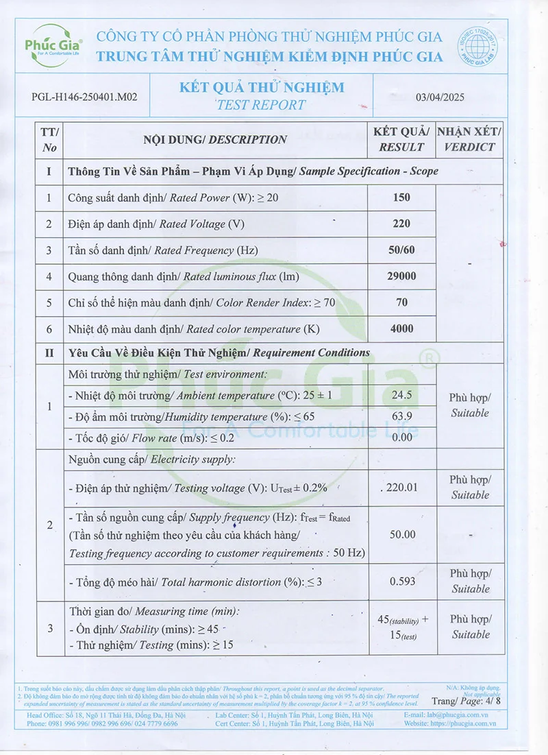 Nội dung kết quả thử nghiệm hiệu suất hls30-150