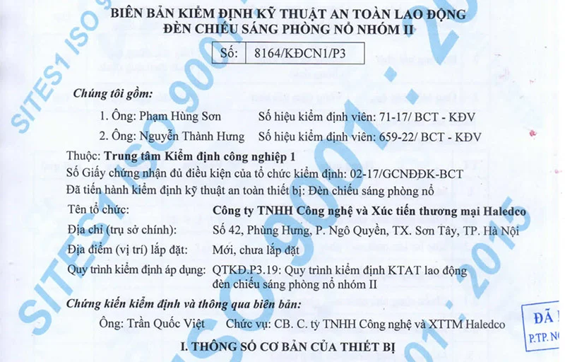 Kết quả kiểm định đèn chống nổ HLEPP2.1