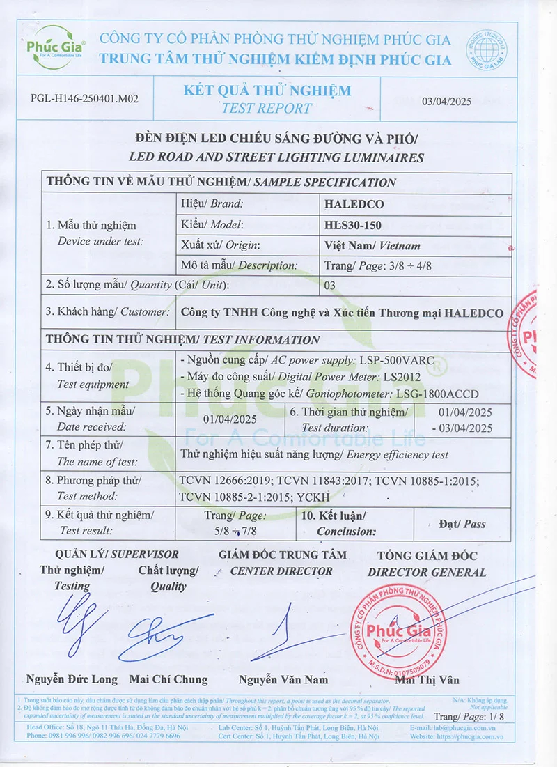 Thông tin mẫu thử trong công bố hiệu suất hls30-150