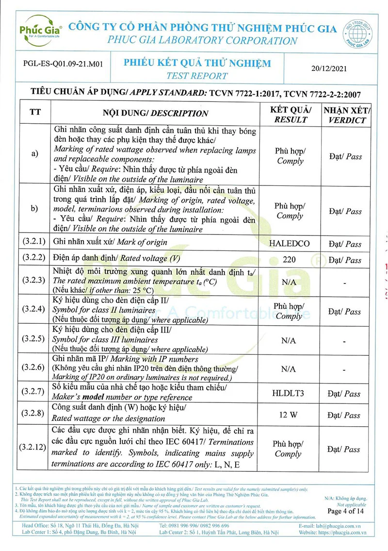 Tiêu chuẩn thử nghiệm đèn âm trần HLDLT3 (ảnh 2)