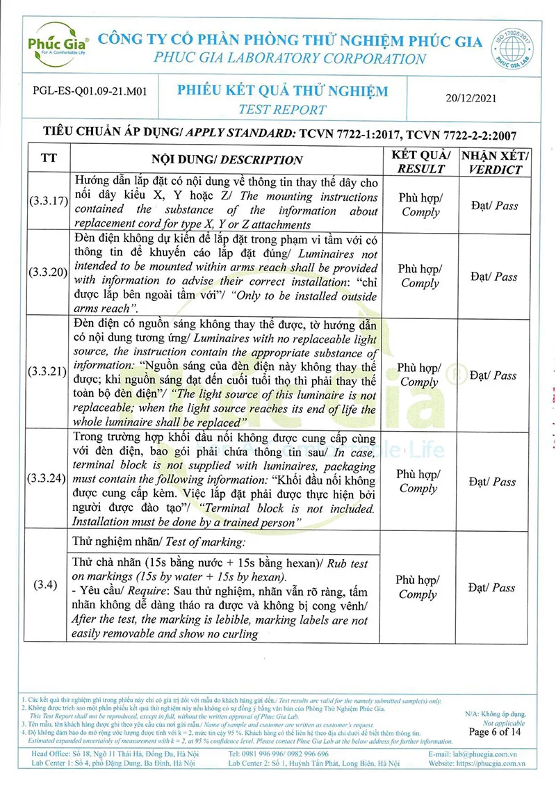 Tiêu chuẩn thử nghiệm đèn âm trần HLDLT3 (ảnh 4)