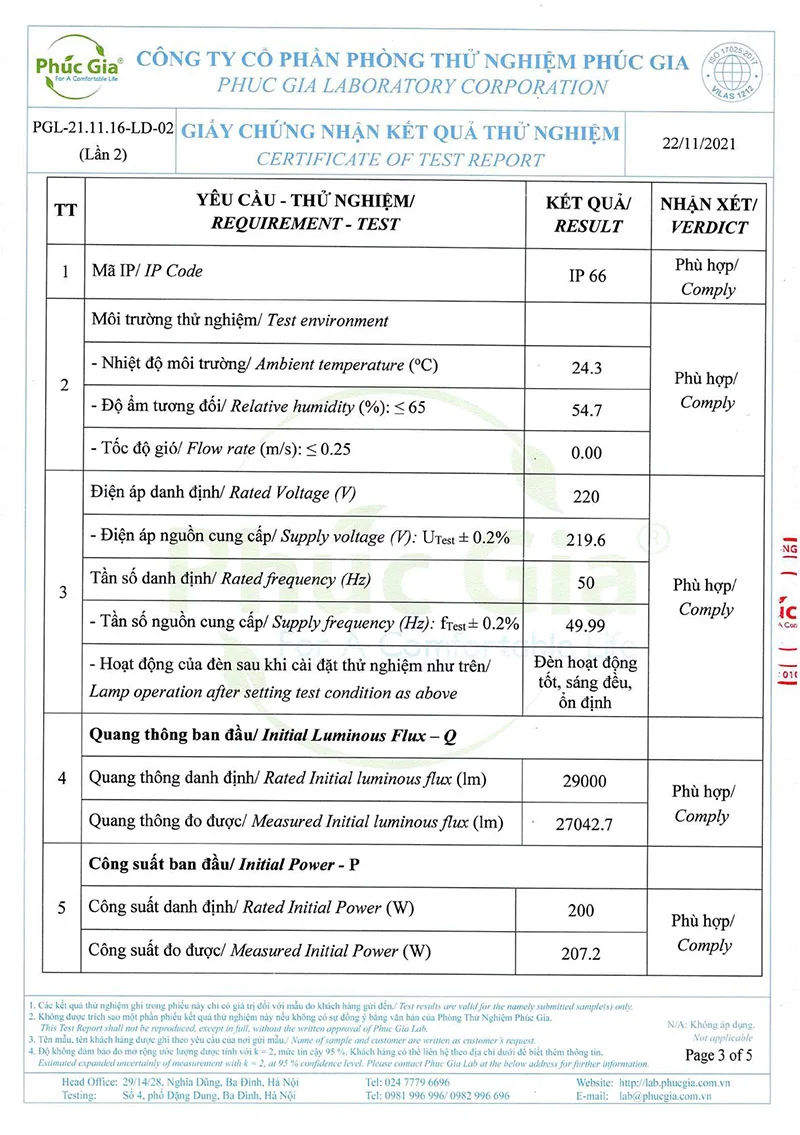 Yêu cầu thử nghiệm hiệu suất đèn HLEPP3-200